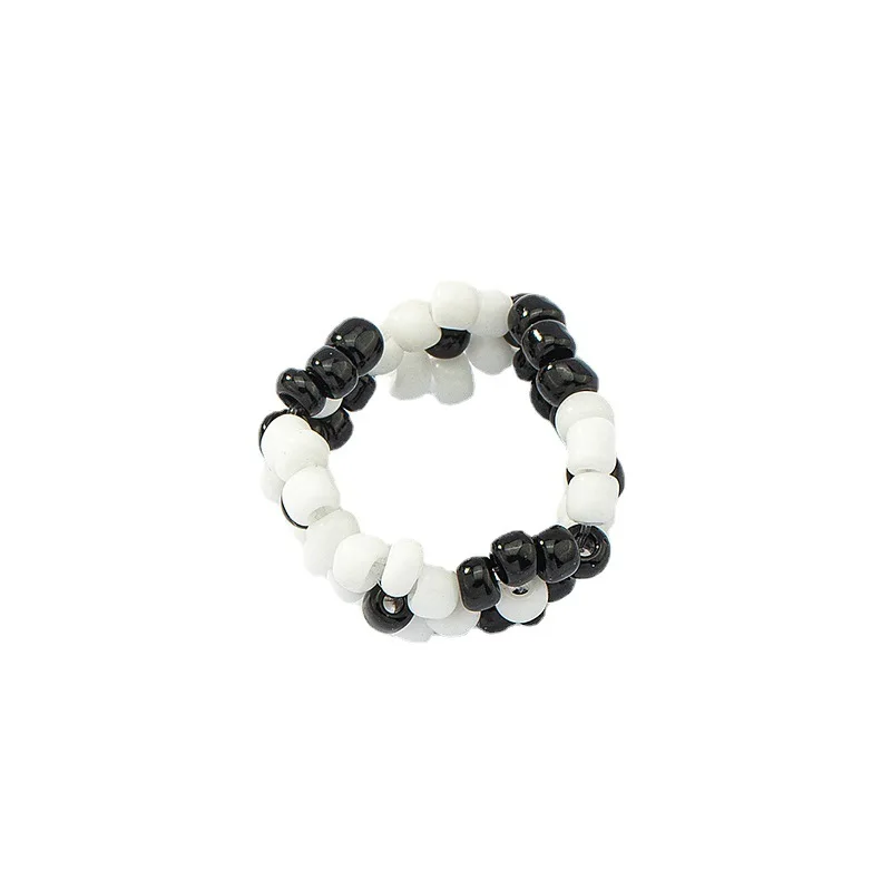 

Summer Style Black And White Beaded Ring Flower Shaped Resin Finger Ring For Ladies