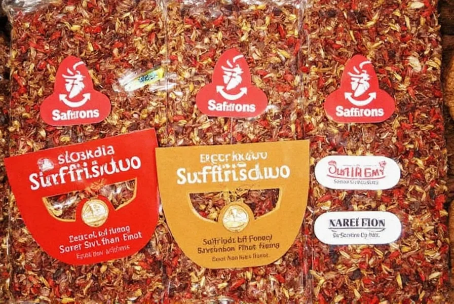 Close-up comparison of genuine saffron threads versus common saffron adulterants showing color differences and thread structure