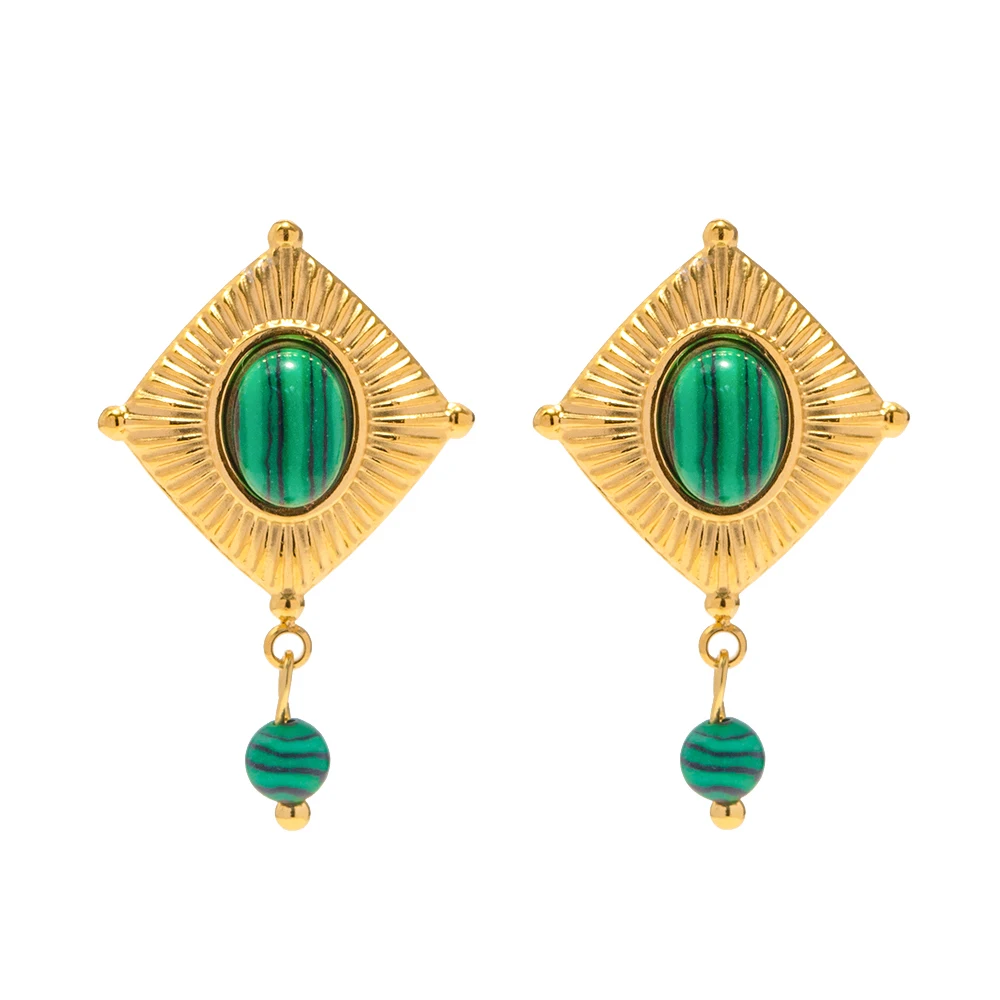 

Luxury Stainless Steel 18K Gold Plated Earrings for Women Geometric Square Green Malachite Dangle Earrings