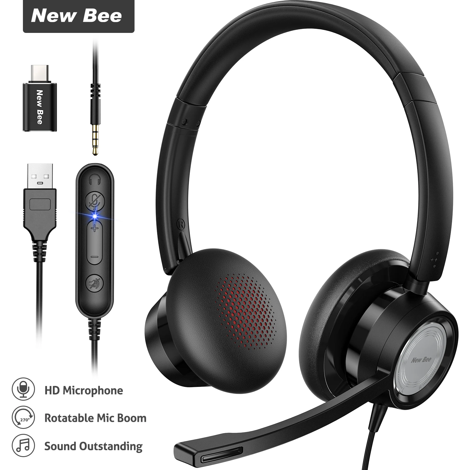 

New Bee H362 Ultra Comfort Gaming Headset Gamer Call Center Headset Wire PC Headphone for Skype Zoom Laptop Phone Pc Tablet, Black color