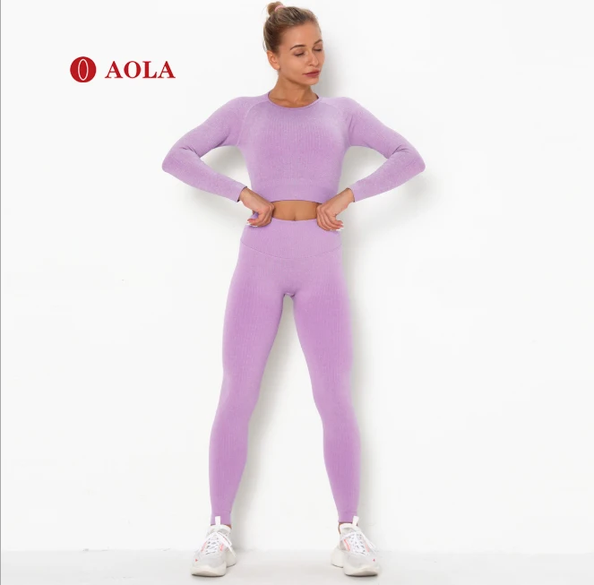 

AOLA 2020 High Quality Yoga Seamless Sport Logo Sexy Women Fashion Workout Fitness Two Piece Set