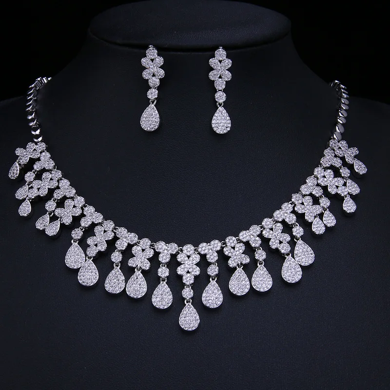 

fashion cubic zirconia dubai silver wedding bridal Statement Teardrop Necklace Earrings jewelry set