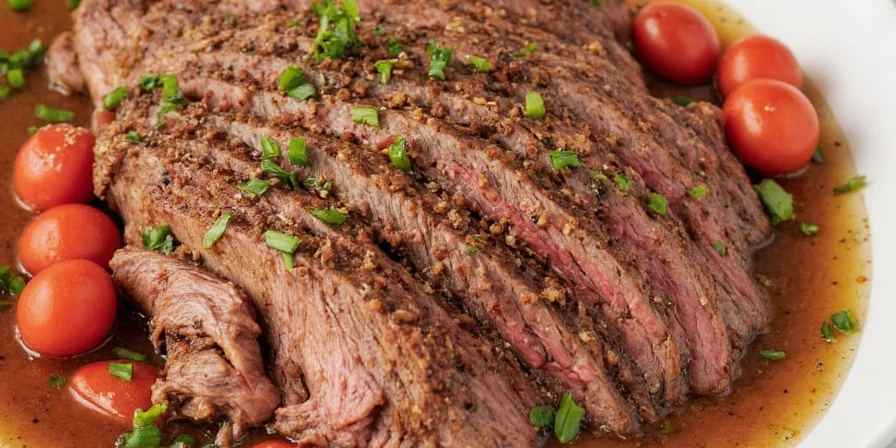 Roast plated with colorful garnishes and drizzle