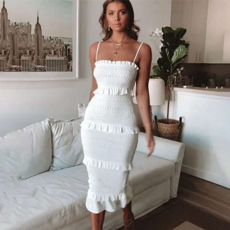 

Fashion Slim Pleated layered dress summer women elegant party club ruffle midi cake dress bodycon Backless Beach Sling dresses