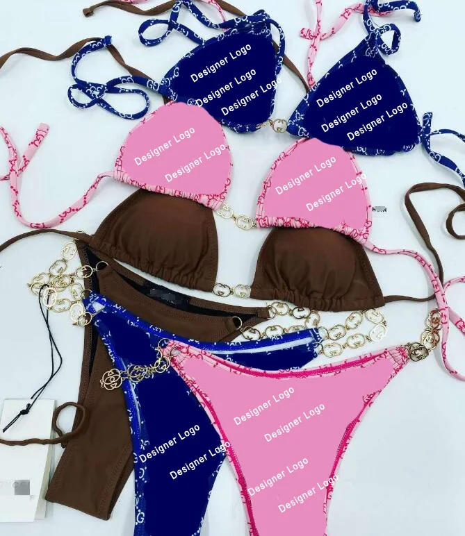 

High Quality Designer Swimsuit Sexy Women String Thong Chains Famous Brand Bikini Custom Luxury Bathing Suits, Print