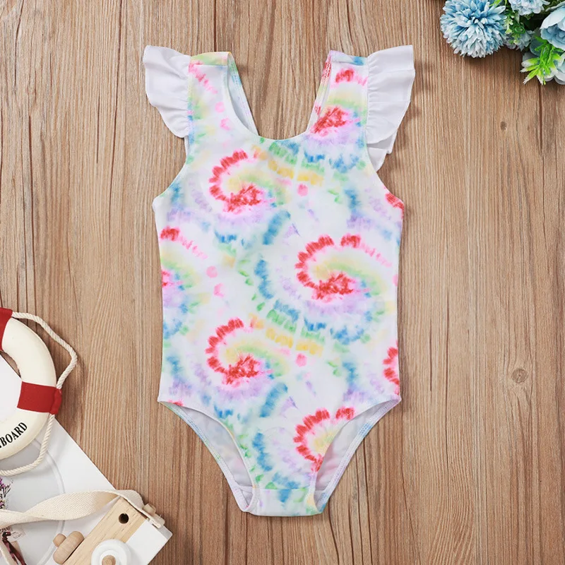 

RTS 2021 cartoon animal summer wholesale children romper bird tie-dye printing flying sleeve middle child swimsuit