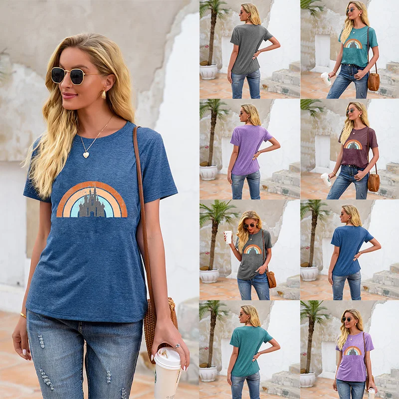 

Women's  new rainbow castle print solid color short-sleeved T-shirt, Gray, purple, turquoise, wine red, blue