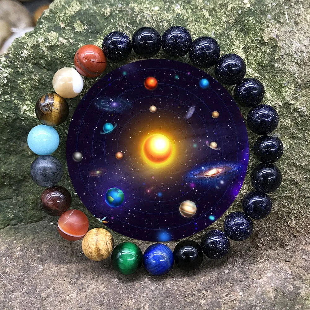 

Planetary Sky Blue Sandstone Moon Stone Crystal Natural Stone Beads Galaxy Planets Solar System chakra Bracelet Bangle dropship, Photo