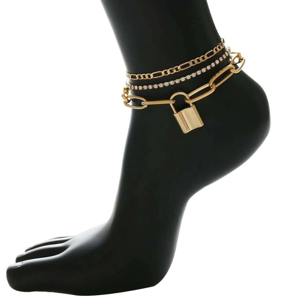 

3pcs European Punk Barefoot Jewelry 18K Gold Plated Multi Layer Crystal Anklets Set Chunky Chain Lock Anklet Bracelet