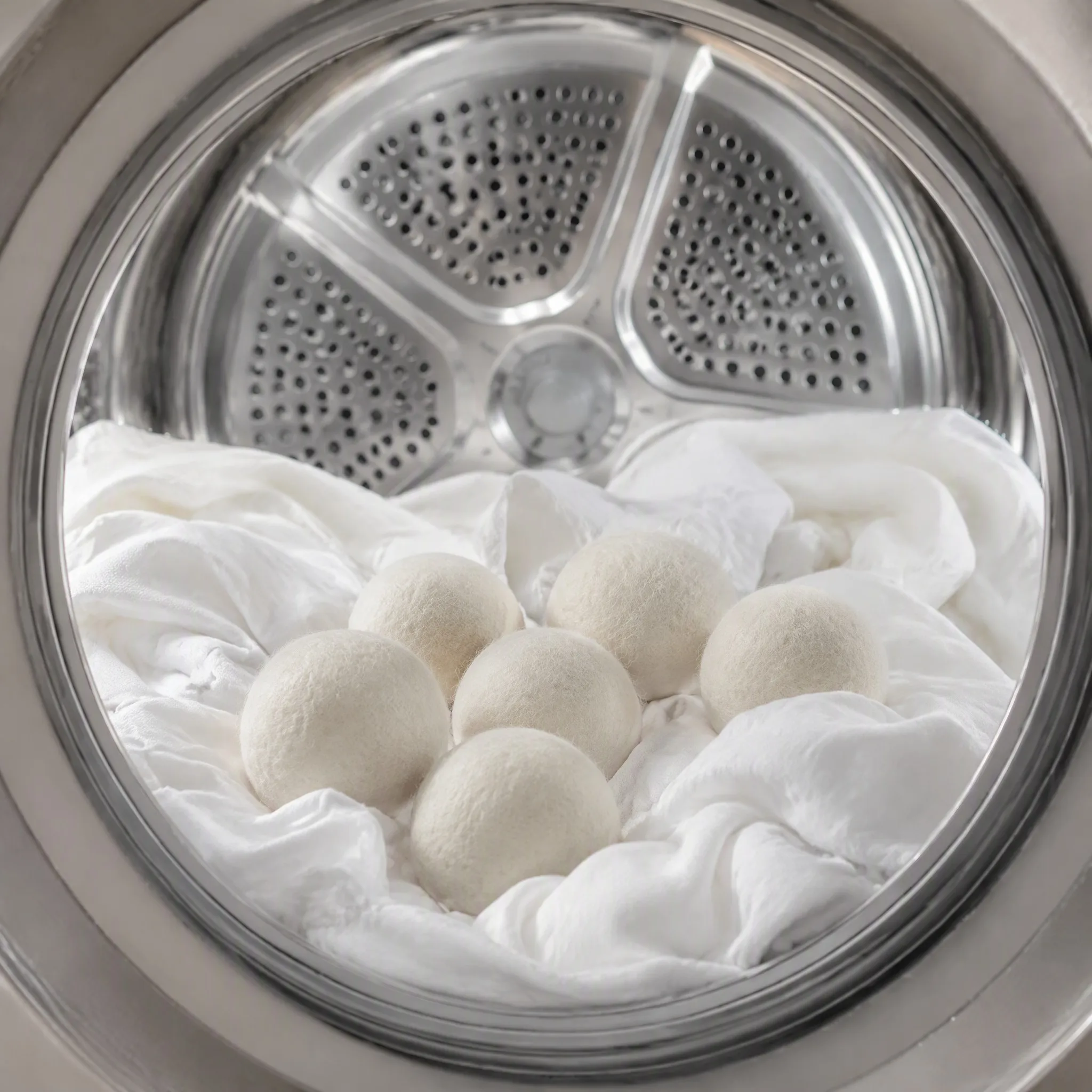 Six wool laundry balls tumbling inside a dryer drum with white bedding
