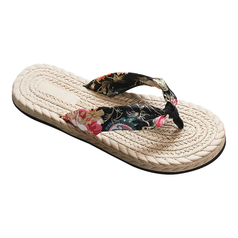 

2021 woven travel espadrille flip flops bronzing summer fashion bohemian satin cloth belt women's sandals and slippers