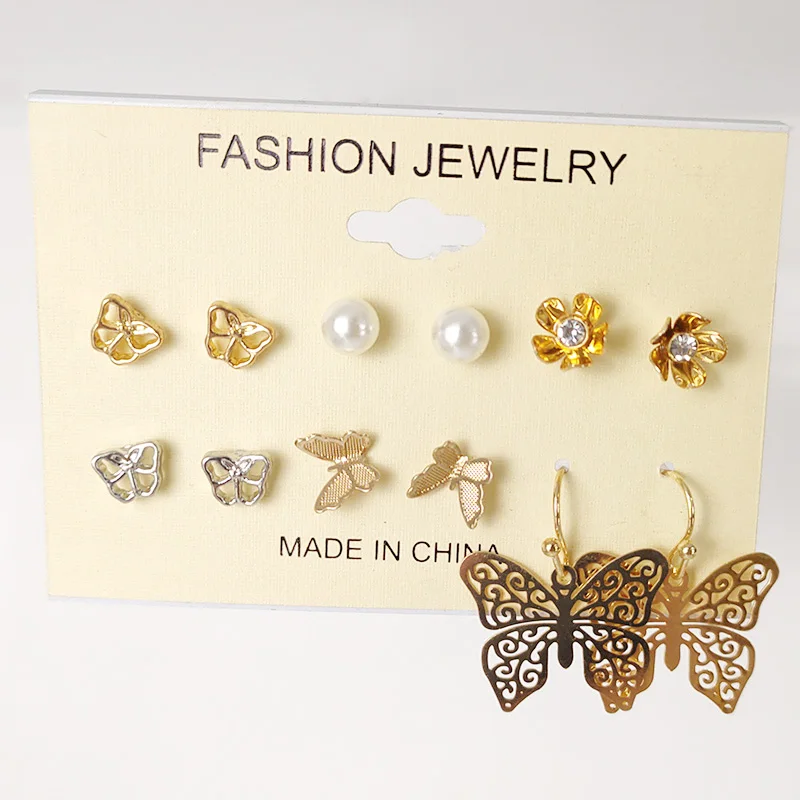 

Latest Fashion Wholesale 6 Pairs Filigree Butterfly Flower Pearl Rhinestone Multi Element Mini Stud Earrings Design