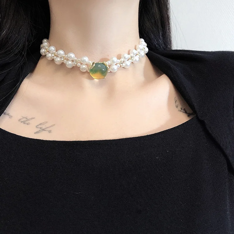 

New Trendy Design Green Circular Earrings Pearl Necklace Pendant Earrings Jewelry For Women