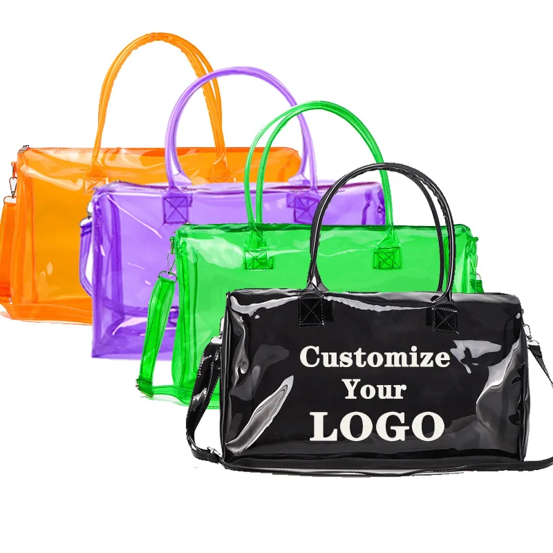 

Custom LOGO Holographic Tote hoe Bag overnight weekend Clear PVC spinnanight bags travel overnight spend one night bags