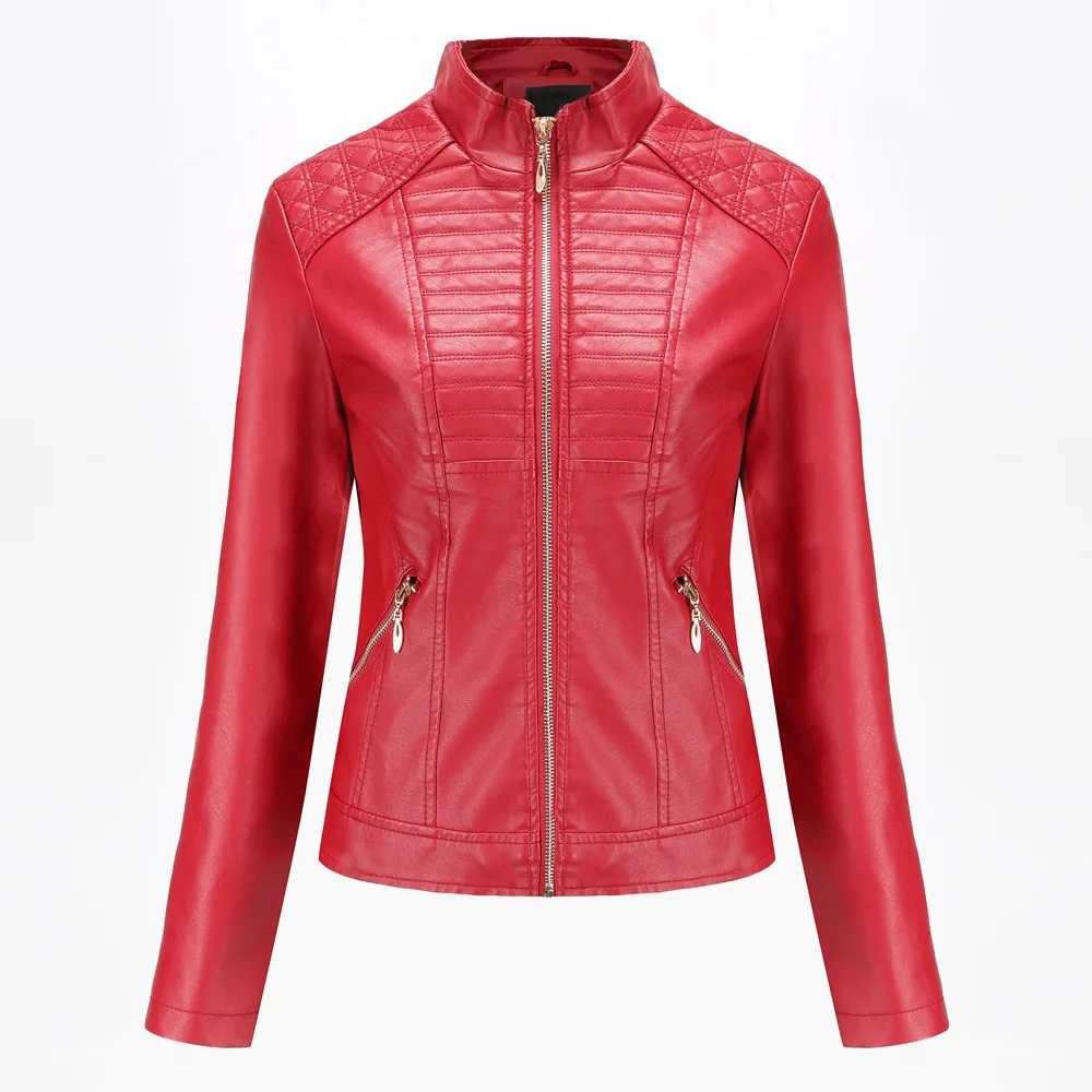 

Hot sale PU women's leather jacket casual spring and autumn coat solid color motorcycle leather jackets women, See the color column