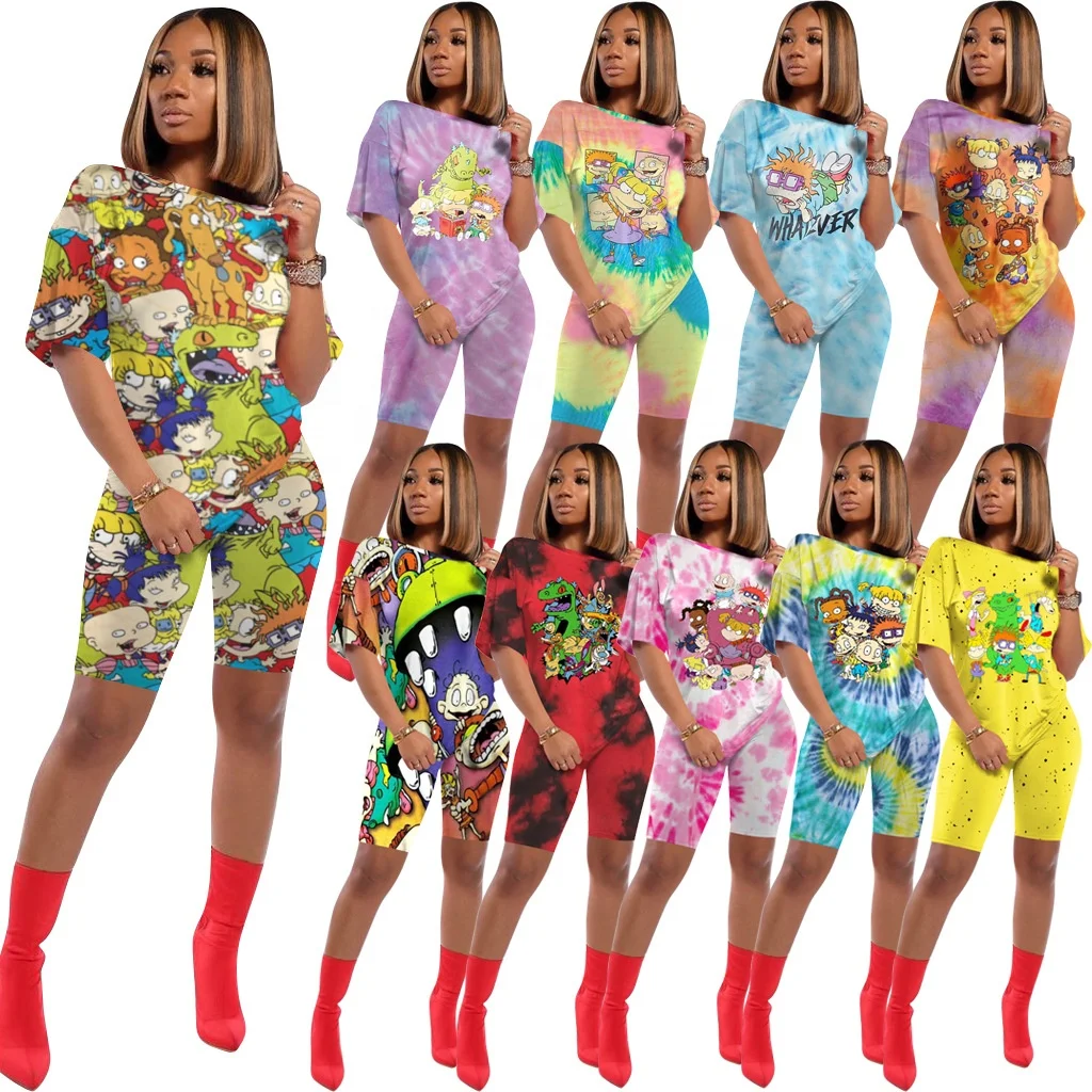 

Cartoon Print O-neck Short Sleeve T-shirt Sport Shorts Women Outfit Two-pieces Suit Set, Shown