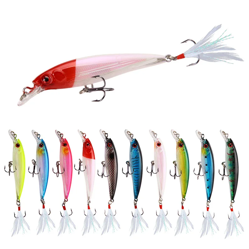 

Hot sale 9cm 7g 3d high simulation fish eye fishing tackle tail feather bait bionic fish lure, 10 colors