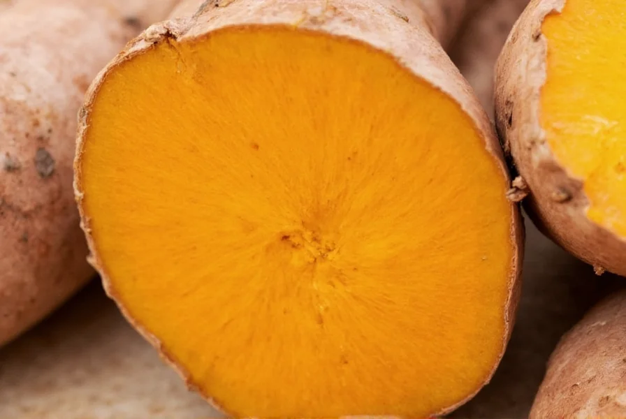 Close-up view of fresh turmeric root showing its vibrant orange interior and fibrous texture