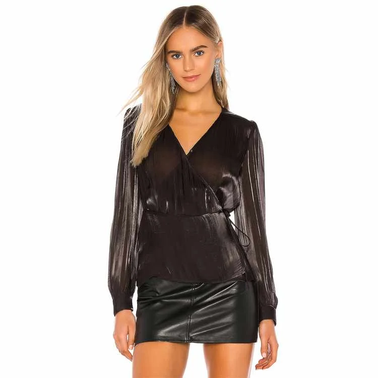 

Double layer halter long sleeve elastic shirred wrap front organza top