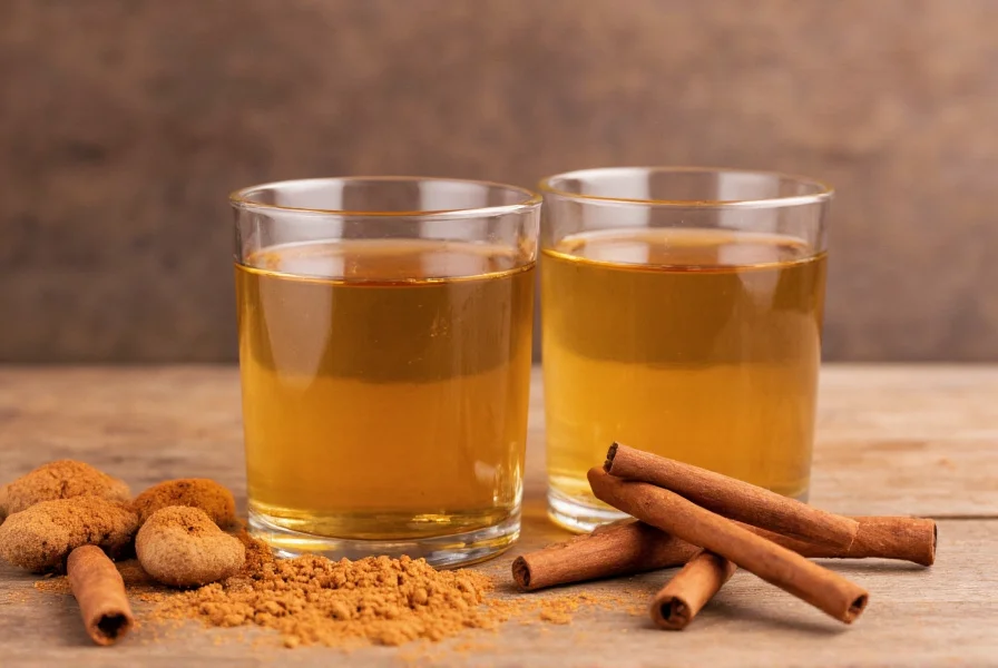 Two glasses of cinnamon water on wooden table with cinnamon sticks and powder