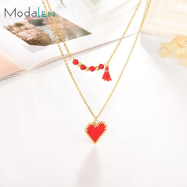 

Modalen Red Heart Seed Bead Latest Design Fashion Jewellery 18K Gold Stainless Necklace