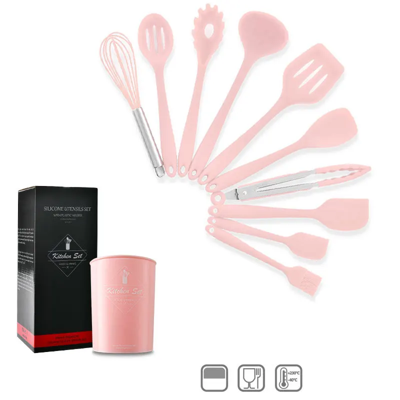 

11 Piece Kitchen Utensil Set With Holder And Color Box Stainless steel tube silicone kitchen utensils cooking tools set, Black