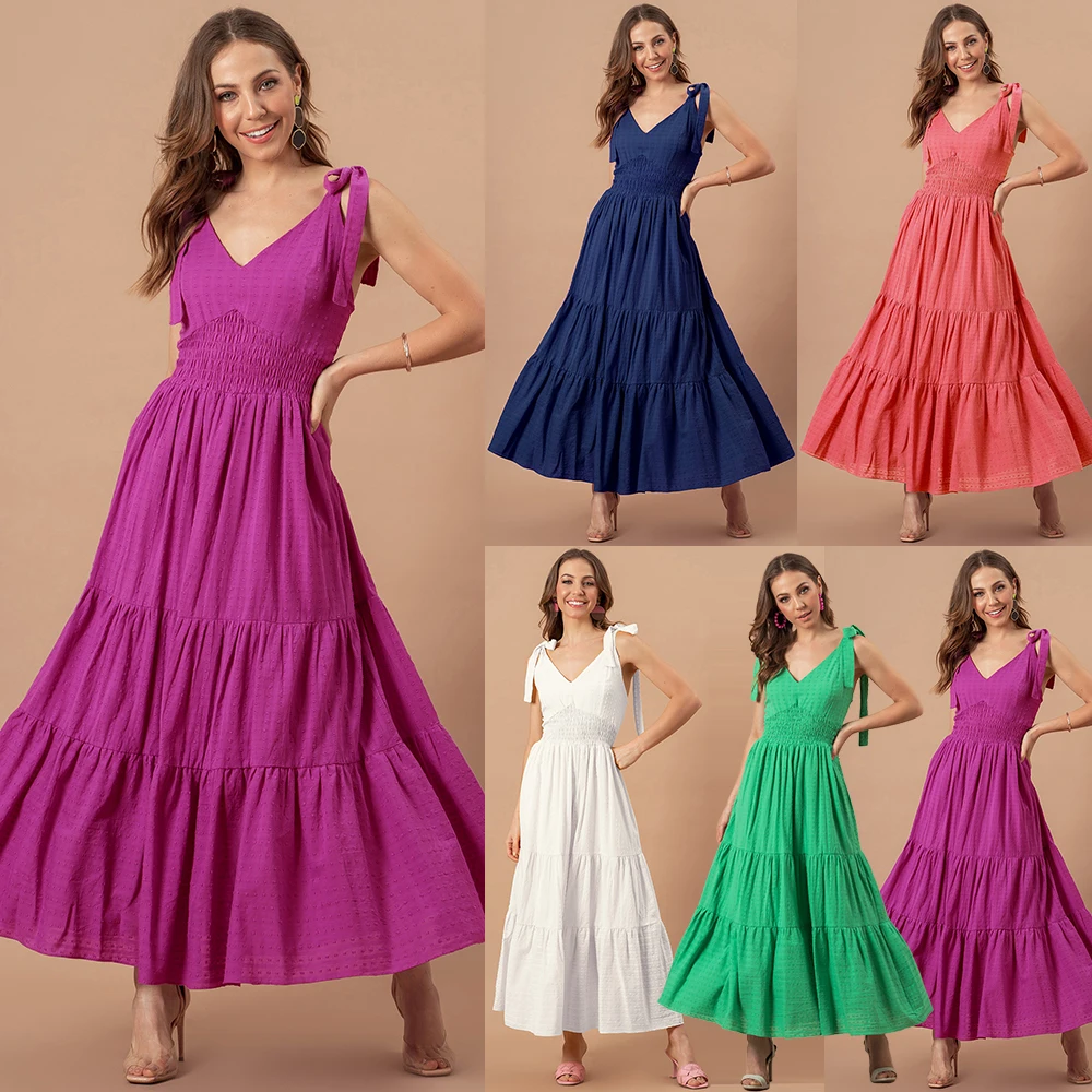 

Women V Neck Dress Elegant Ruffle Sleeveless Strap Smock Ladies Maxi Dress