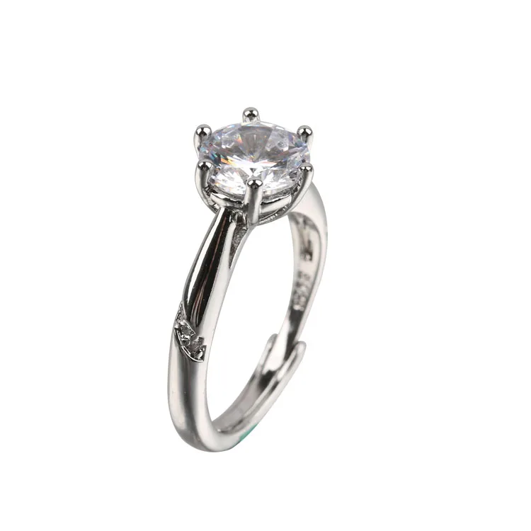 

One Carat White Gold Imitation Moissanite Simple Six-Claw Sparkling Zircon Diamond Women Adjustable Wedding Ring, Silver