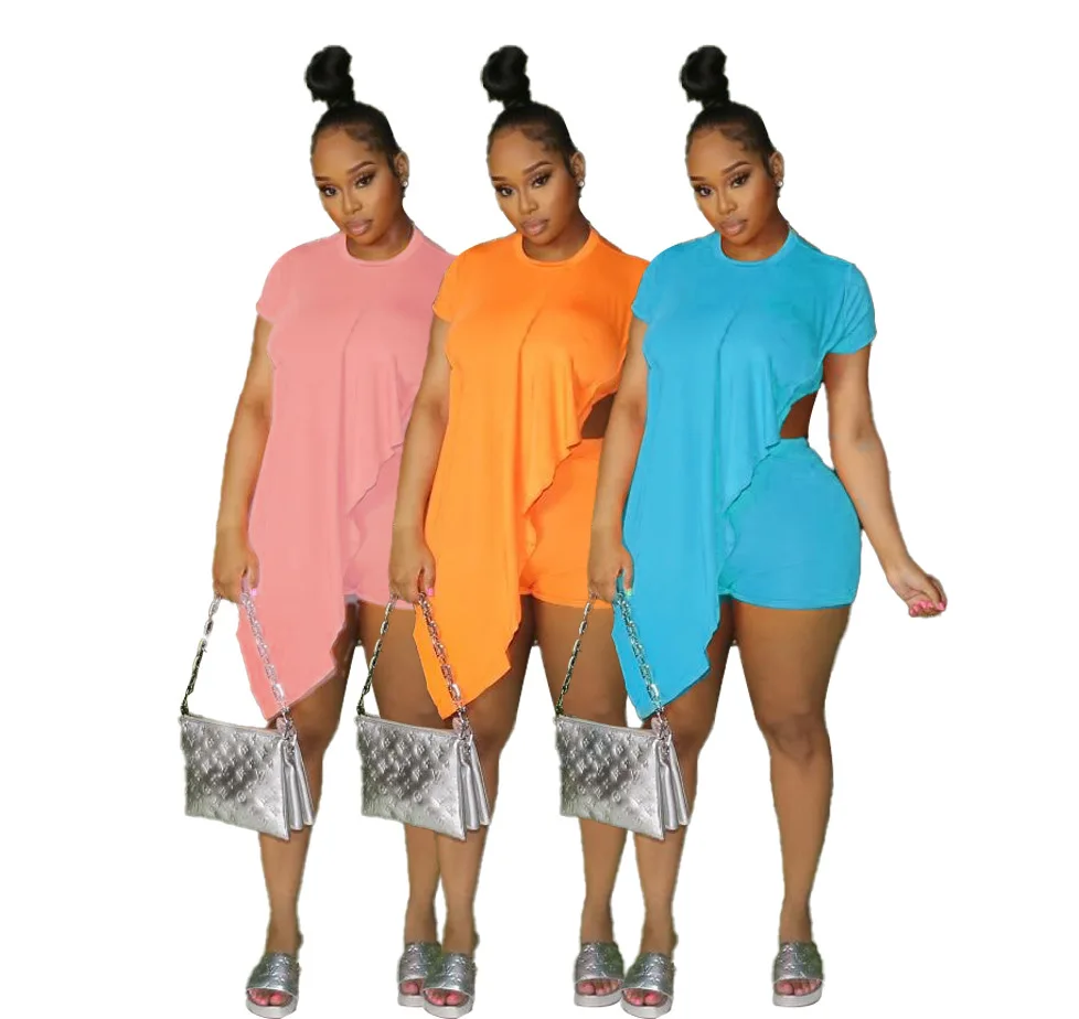 

2021 women's solid color top bottom milk silk irregular solid color two piece set, As pic