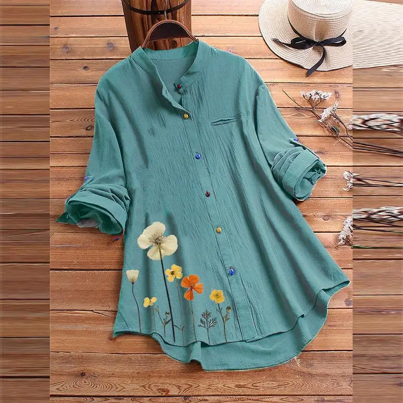 

2021 new Printed cotton blouse custom colors blouse full sleeve with Color buttons blouse for women