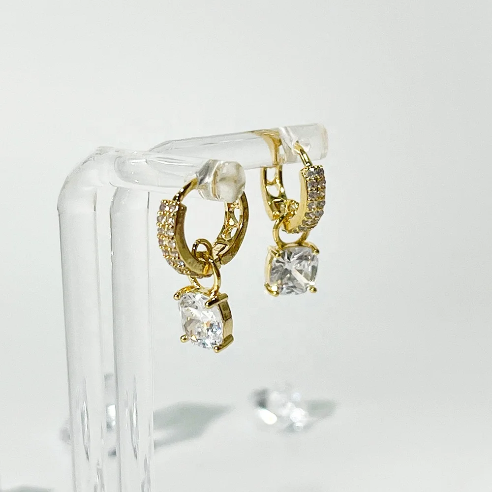 

wholesale sparkly pave micro zircon huggie hoop earrings for women square big cz diamond sweet hoops earring E0590, Gold