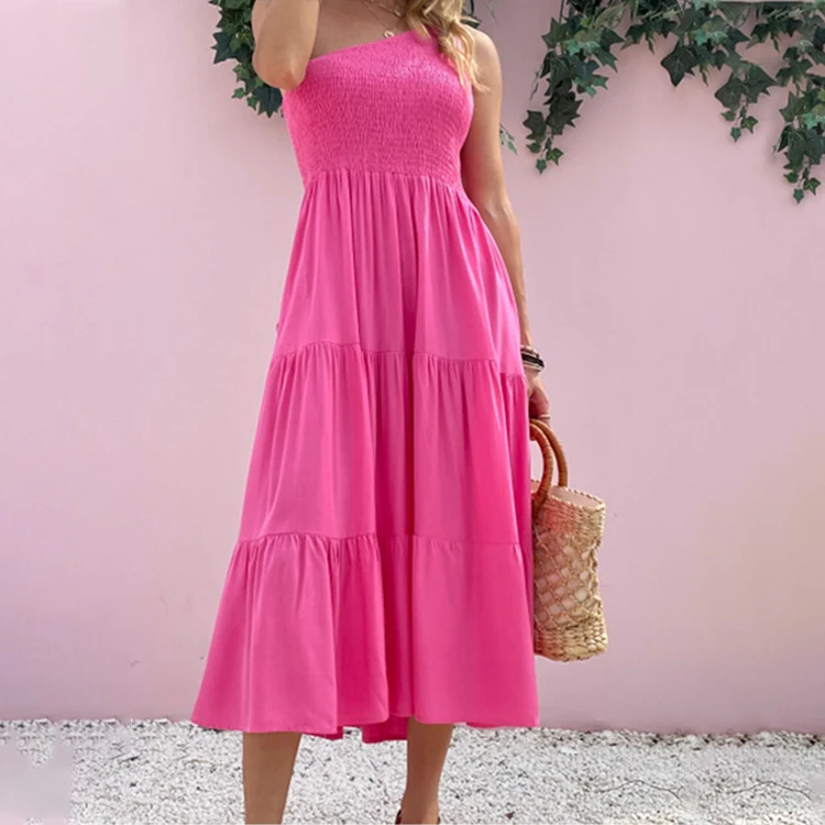 

2022 Summer New Amazon Ladies One Shoulder Party Long Dresses Boho Dress, White, pink, red, black, apricot