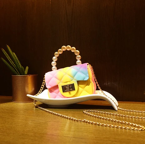 

Newest High quality kids purse bag handbags with pearl handle little girls beautiful crossbody jelly hand bag designer handbags