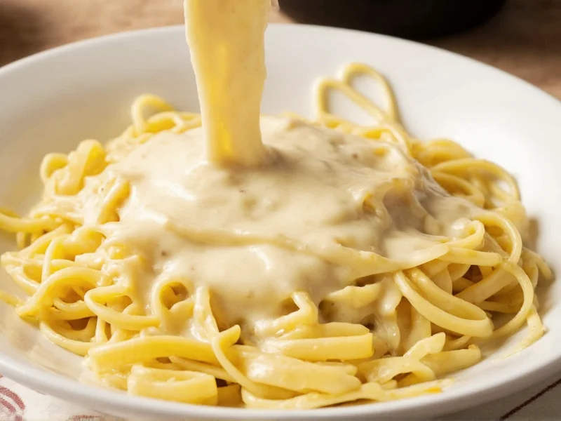 Creamy alfredo sauce poured over fettuccine
