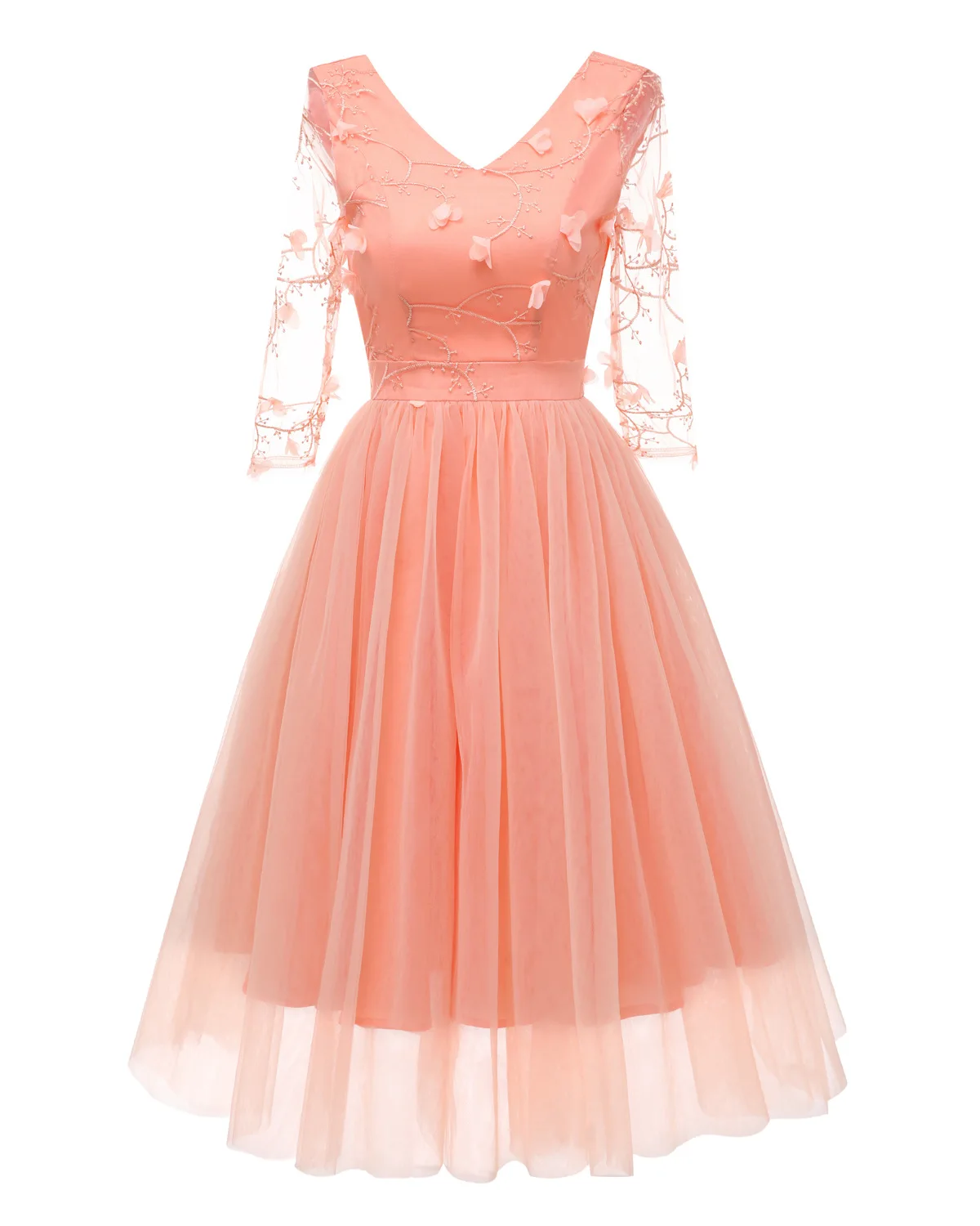 

Three-dimensional Flower Embroidery Lace Gauze with Seven Sleeves and A Fairy Skirt