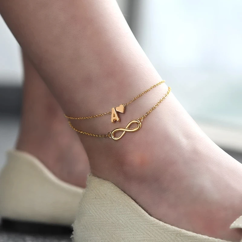 

Boho Initial Anklet Heart Infinity Ankle Bracelet Double Layers Anklets For Women on Leg Chain 26 Letter Bracelet Foot Jewelry, Gold color