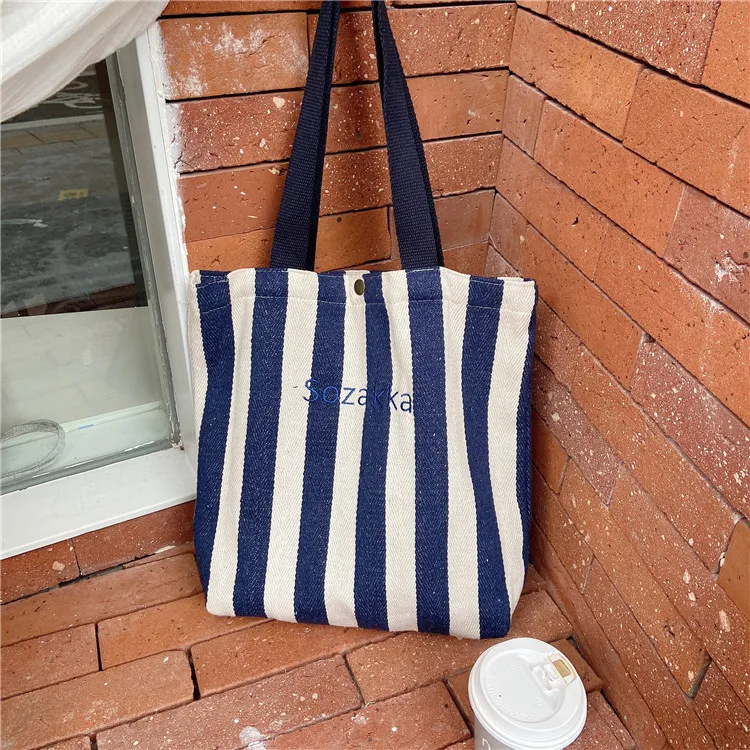 

2021 Summer Custom Striped Embroidered Canvas Bag plain Single vintage Leisure Women Tote Bag Wholesale, Customized color