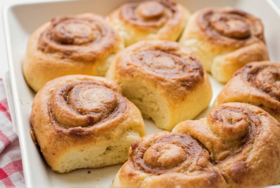 Overnight cinnamon buns fresh from oven with gooey caramelized bottom layer and cream cheese frosting drizzle