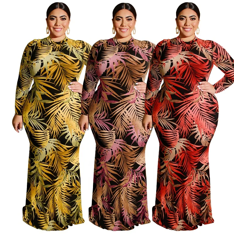 

2020 Hot sale tight sexy hollow waist dress plus size leaf print skirts fall night dresses for woman, As picture or customized make