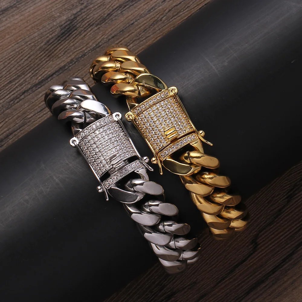 

' BB001 14mm 7inch 8inch Bracelet Stainless Steel Cuban Chain Bling bling Necklace Hip Hop Jewelry