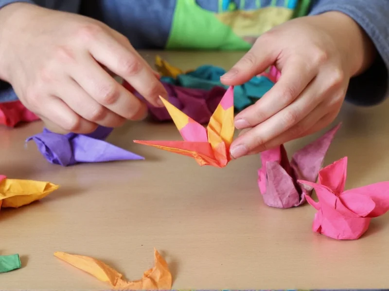 Hands folding colorful origami crane from recycled paper