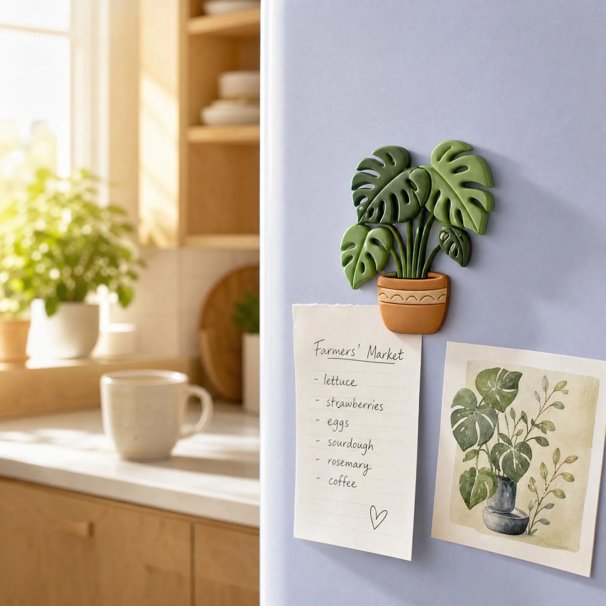 Botanical Magnet Holding Farmers Market Grocery List and Plant Art Card in Sunlit Kitchen