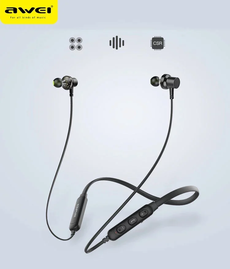 

2021 Awei Dual Driver loud Bass Sound Neckband Bluetooth Headphone Earphone Portable in ear Earbuds