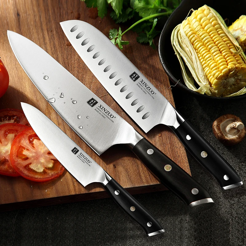 

3pcs Professional German Stainless Steel Kitchen Cooking Chef Knife Set Nature Ebony Wood Handle