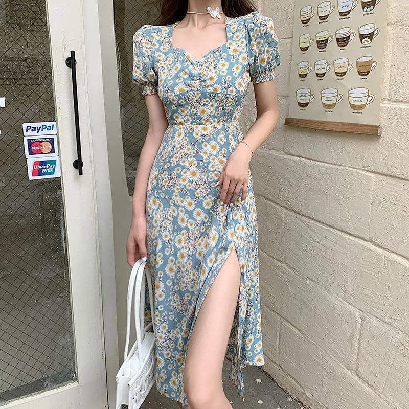 

In Stock Short Puff Sleeve V Neck Floral Print Slim Fit Midi Dress