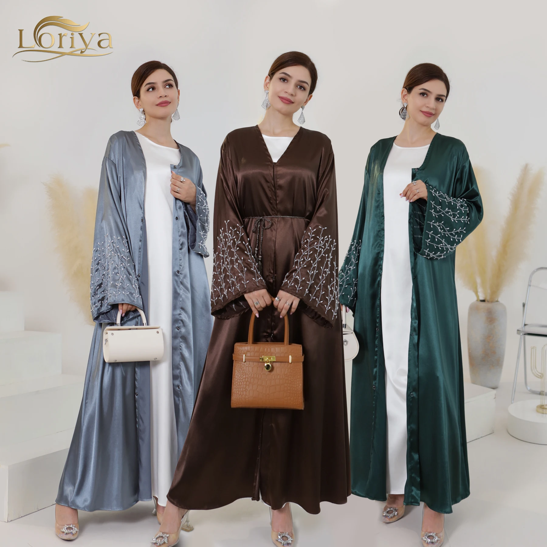 

Loriya 2023 New Design Islamic Clothing Satin Hand made Pearls Dubai Abaya Women Muslim Dress Open Modest Abaya