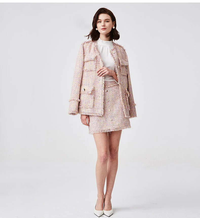 Naivee neue französische Damen-Tweed-Jacke, Temperament, Wind, heller Seiden-Tweed-Damen-Anzugsmantel aus rosafarbenem Tweed