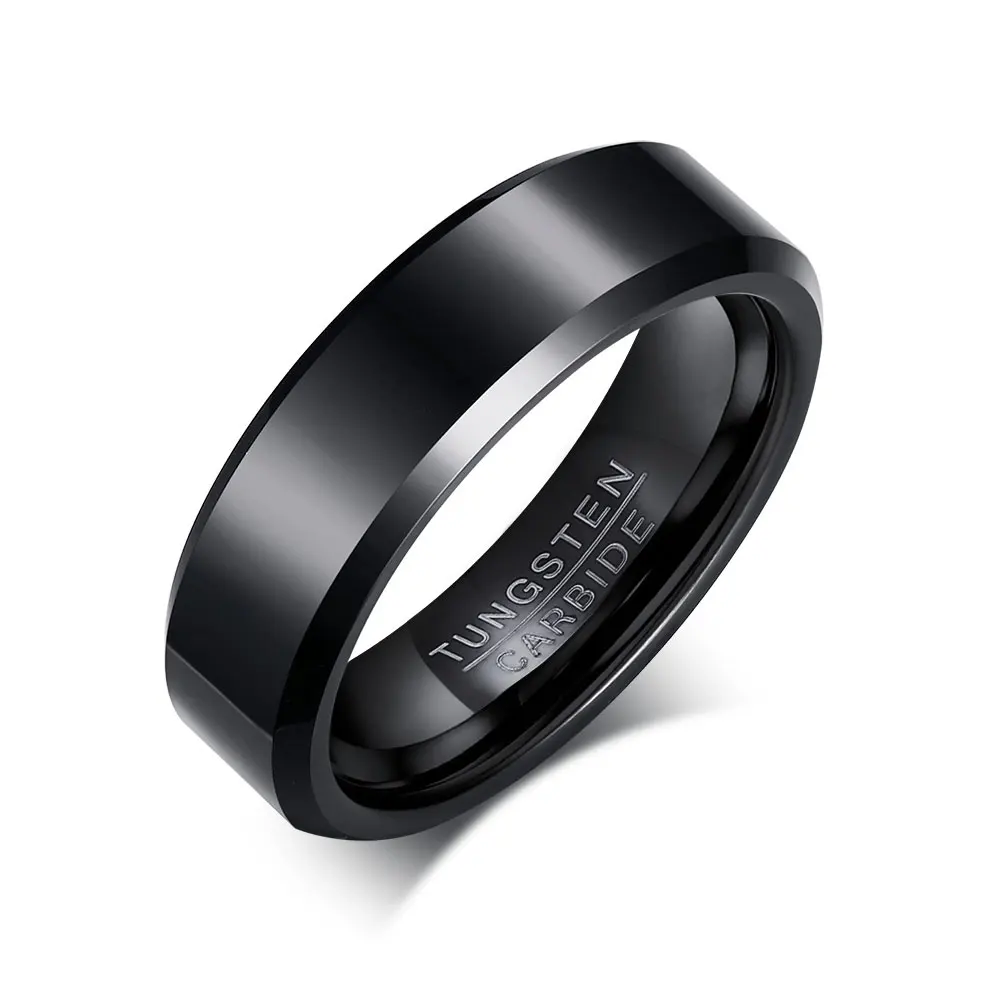 

Simple 6mm Wedding Band Comfort Fit Beveled Edges Silver Black Tungsten Carbide Engagement Rings for Women Men, Black, silver, rose gold