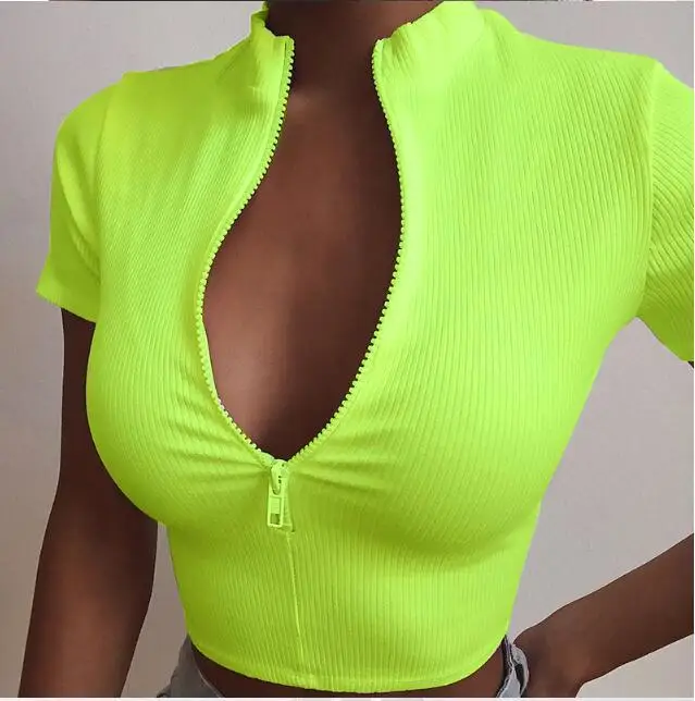 

New Summer 2021 Solid Color Threaded Slim Zipper Collar Women Top White Crop Top, 5 color
