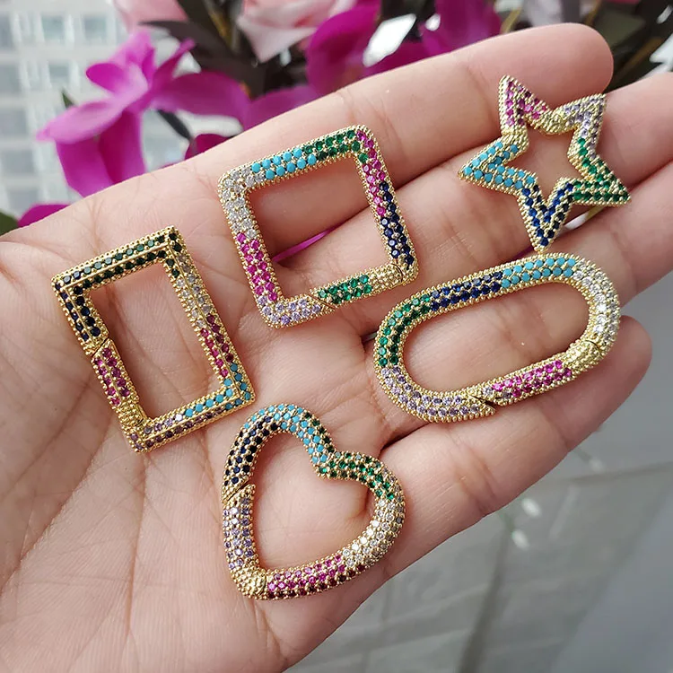 

CZ8348 Gold Plated Rainbow Star Heart Square Rectangle Oval Shape CZ Micro pave Spring Snap Hook Clasps,Carabiner Clasps